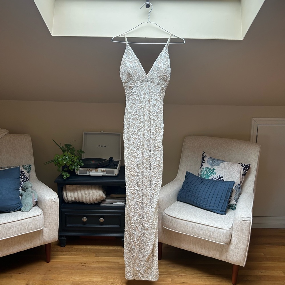 Dillards White Lace Prom Dress with slit